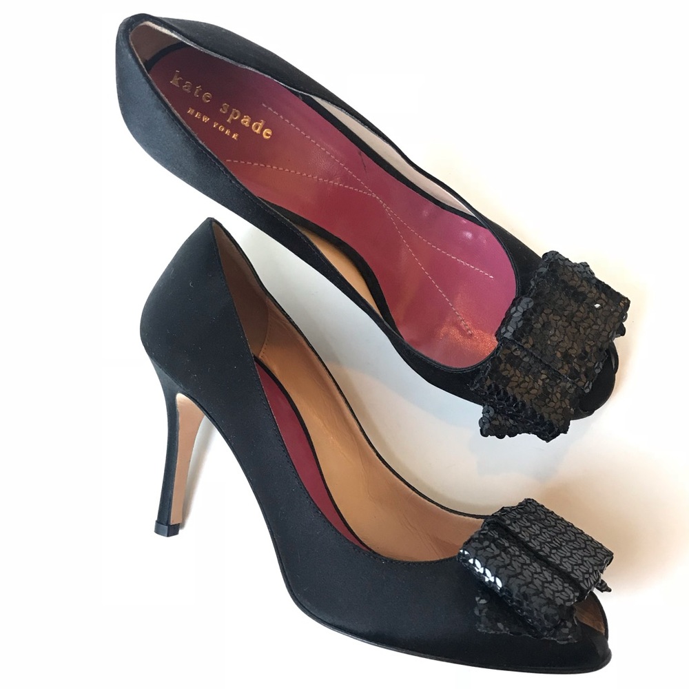 Kate Spade Sequin Bow Peep Toe Black Pumps 8 B